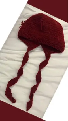 編み物　かぎ編み　帽子　ニットボンネット　バラクラバ　ハンドメイド　ワインレッド