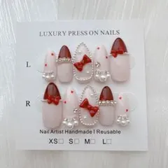 【現品】ネイルチップ　フレンチガーリー　スナ系　量産型　韓国　オタク　リボン