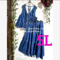 6306新品⭐️5L＊デニム風ティアードスカート＆リボンベスト豪華2点set