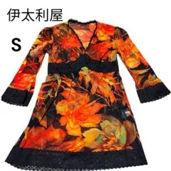 美品‼️伊太利屋 総柄チュニック華やか オレンジ系黒レースアクセント Sのサムネイル