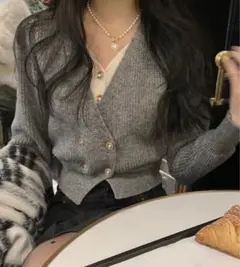 リブ編み ダブルボタン カーディガン グレー Shein