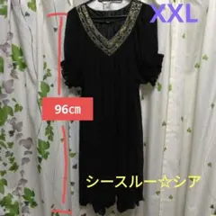 シースルー　シアー　 黒ワンピース　XXL ビーズ刺繍　柔らかい　Aライン