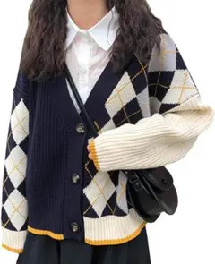 ニットカーディガン レディース セーター Vネック プリント柄 おしゃれ