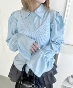 Loueme キャンディスリーブリボンブラウス＋ニットビスチェ【2点SET】