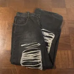 ダメージ加工 ダークグレー ワイドレッグデニム