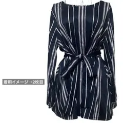 タグ付き ストライプ ウエストリボン チュニック ネイビー 長袖 きれいめ 秋