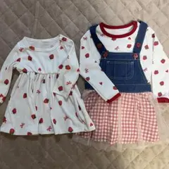 いちご柄長袖トップス&デニムオーバーオールセット　お揃い　100 80