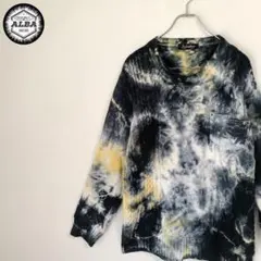 【美品】スウェット　ニット　タイダイ染　異素材　ケーブル編　黒　ブラック　M