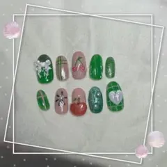 ネイルチップ 10個セット グリーン・ピンク・赤