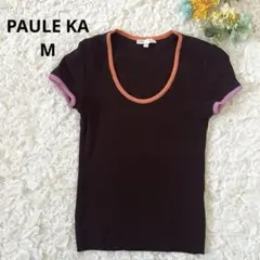 【PAULE KA ポールカ】バイカラーリブニット　半袖　配色デザイン　茶　Mのサムネイル