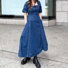 ZARA ザラ デニムロングワンピース スクエアネック パフスリーブ