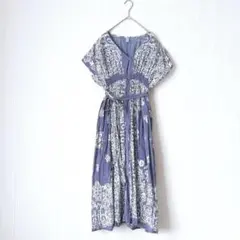 HB ひざ丈半袖ワンピース 薄紫 薄手 エスニック 総柄 リボンベルト インド製