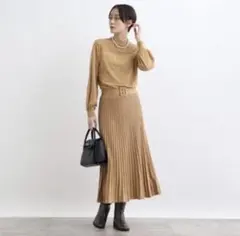 INDIVI【洗える/ウエストゴム】フィット＆フレア ニットワンピース キャメル