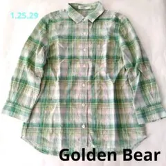 【Golden Bear】Ｍサイズ　グリーン系チェック柄　シワ加工　ブラウス
