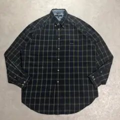 90sWOODSネルシャツ L チェックシャンブレー 紺 緑 シティボーイ