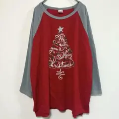 ホリデイタイム クリスマスツリー ラグラン長袖 クルーネック ワッフル XL 赤