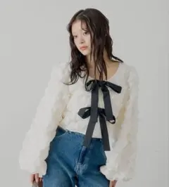 【SALON by Chico】前後2wayフロントリボン配色カーディガン