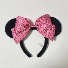 ミニーマウス カチューシャ ピンクヒョウ柄リボン