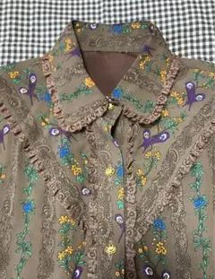 花柄ブラウン長袖シャツ　昭和レトロ　ヴィンテージ古着　下北沢古着　高円寺古着