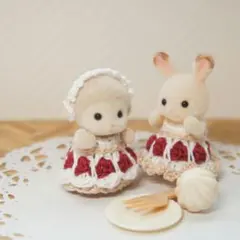 シルバニアひつじの赤ちゃん用✤いちごショートケーキワンピ②♡＆ヘアバンド✤