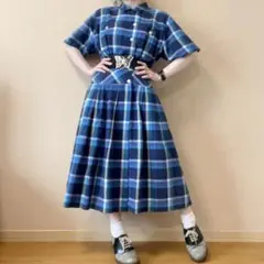 チェック柄 総柄切替ロングワンピース 昭和レトロ vintage 一点物 青 紺