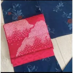 最終価格赤綸子鶴地紋鹿の子絞り名古屋帯開き仕立て着物お太鼓柄ポイント柄正絹