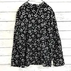 【古着】✨フリース【L】起毛　花柄　ハイネック　長袖　ブラック