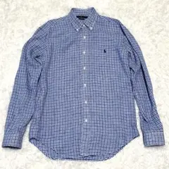ラルフローレン リネン 100%ボタンダウンシャツ M チェック柄 ブルー