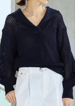 【美品】IENA イエナ / スキッパーカラー メッシュニット（ネイビー）