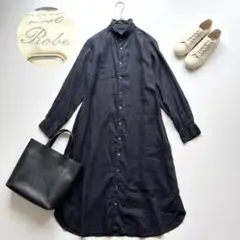 nest Robe リネン100% シャツワンピース 黒 スタンドカラー 長袖