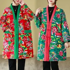 プリント カーディガン ロングコート 暖かい フラワー Vネック ポケット付き