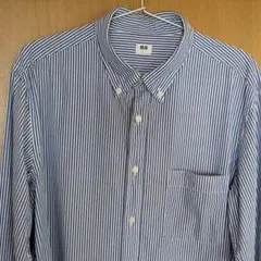 青 シャツ　e　ユニクロ　ストライプ