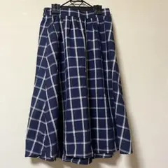 【GU】チェック柄 フレアロングスカート ネイビー Lサイズ
