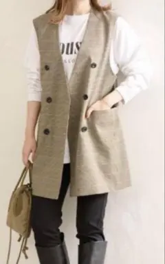 ジャーナルスタンダード　チェック　ジレ　ノーカラー　ベスト　ロング　フリーサイズ