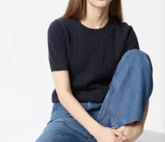 ユニクロ ケーブルクルーネックセーター ネイビー M