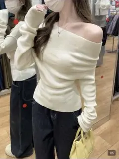 オフショル 薄手ニット 長袖