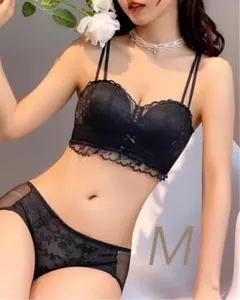 031ブラックM　ノンワイヤー　ブラジャーショーツセット　盛りブラ　楽ブラ　脇高