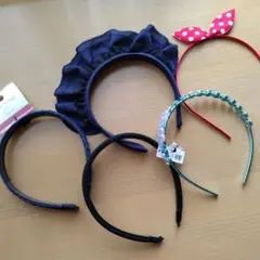 ⑥カチューシャ5本セット　花　編みレース風メイド　ミニー柄　シンプル黒色