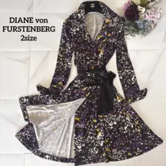 美品ダイアンフォンファステンバーグ　襟付きカシュクール花柄長袖ワンピース