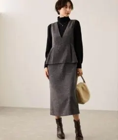 【ロペピクニック】レイヤード風ペプラムジャンパースカート ダークブラウン M