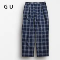 Y6908＊GU チェック柄ワイドパンツ ウエストゴム ネイビー×グレー L