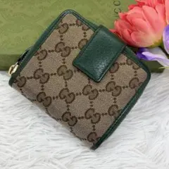 美品✨グッチ 二つ折り財布　ラウンドジップ　 GG柄　キャンバス グリーン