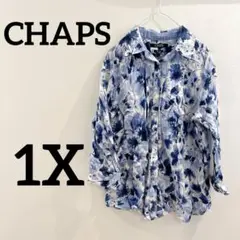 CHAPS 【1X】花柄 ノーアイロンシャツ 青系 ブルー 長袖シャツ