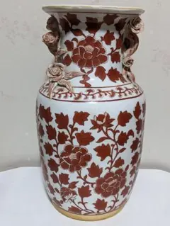 ♦中国陶磁器 紅釉花卉文様 貼花 蕾花双耳瓶 花瓶 民国時代 華東堂製 骨董品