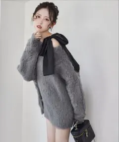 NICE CLAUP メリーカールニットチュニック 肩リボンキャミソール 2点