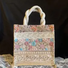 ピンク系お花柄　インド刺繍ミニジュードバッグ　ジュートバック
