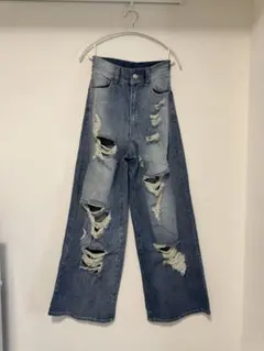 【chico】ダメージワイドデニムパンツ