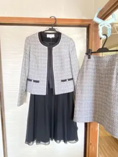 レディース　フォーマルツイード風スーツ・ブラック・3点セット　春　入学式・卒業式