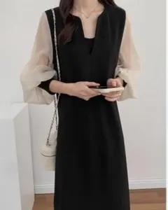 【フェミニン】シースルー袖 Vネック ミディ丈ドレス