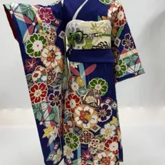 振袖　フルセット　仕立て上がり　新品　未使用　在庫処分　紺　成人式　正絹　袋帯